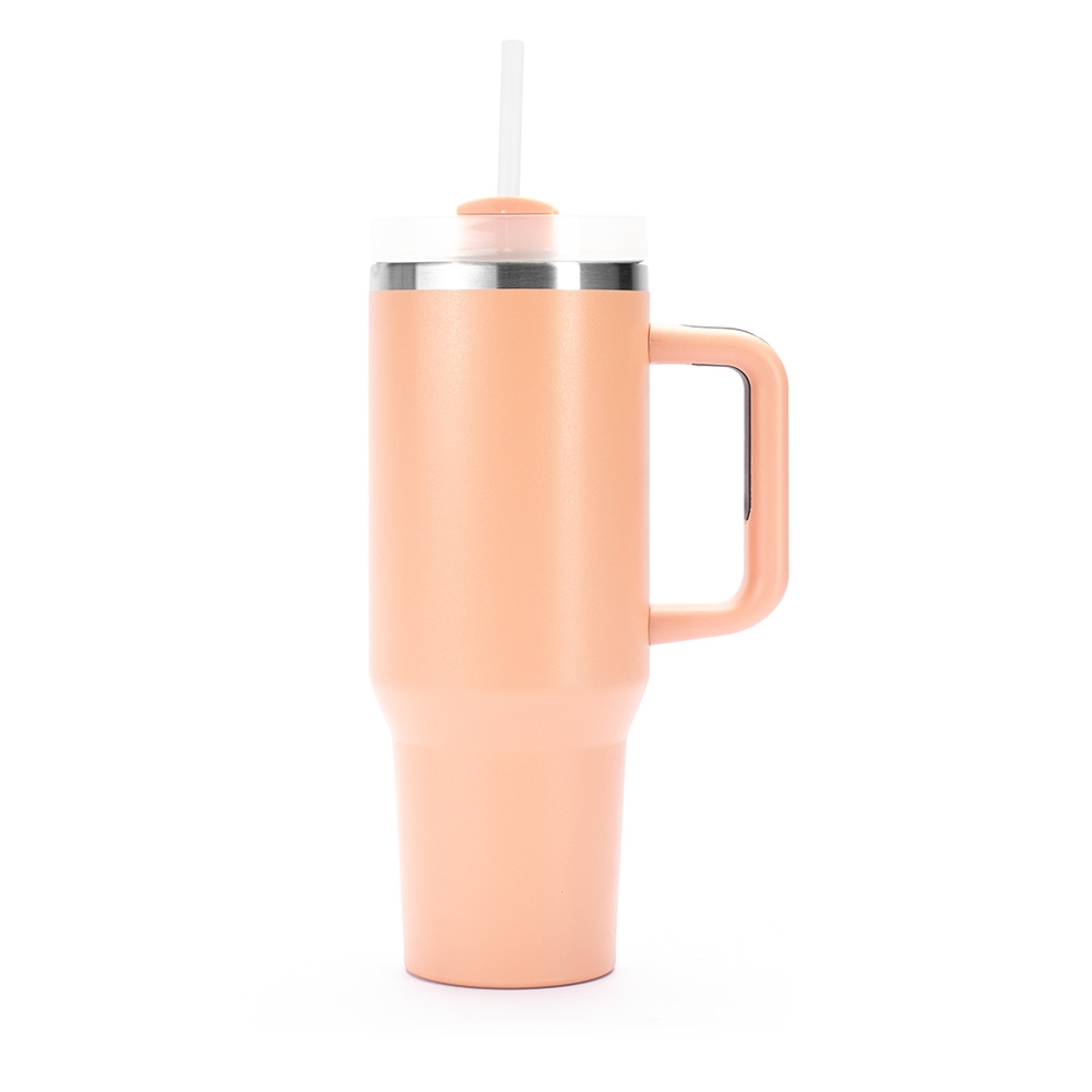 Caneca térmica 1,2 litro de inox com canudo e pegador emborrachado personalizada com a logo da empresa, na cor salmão / inox