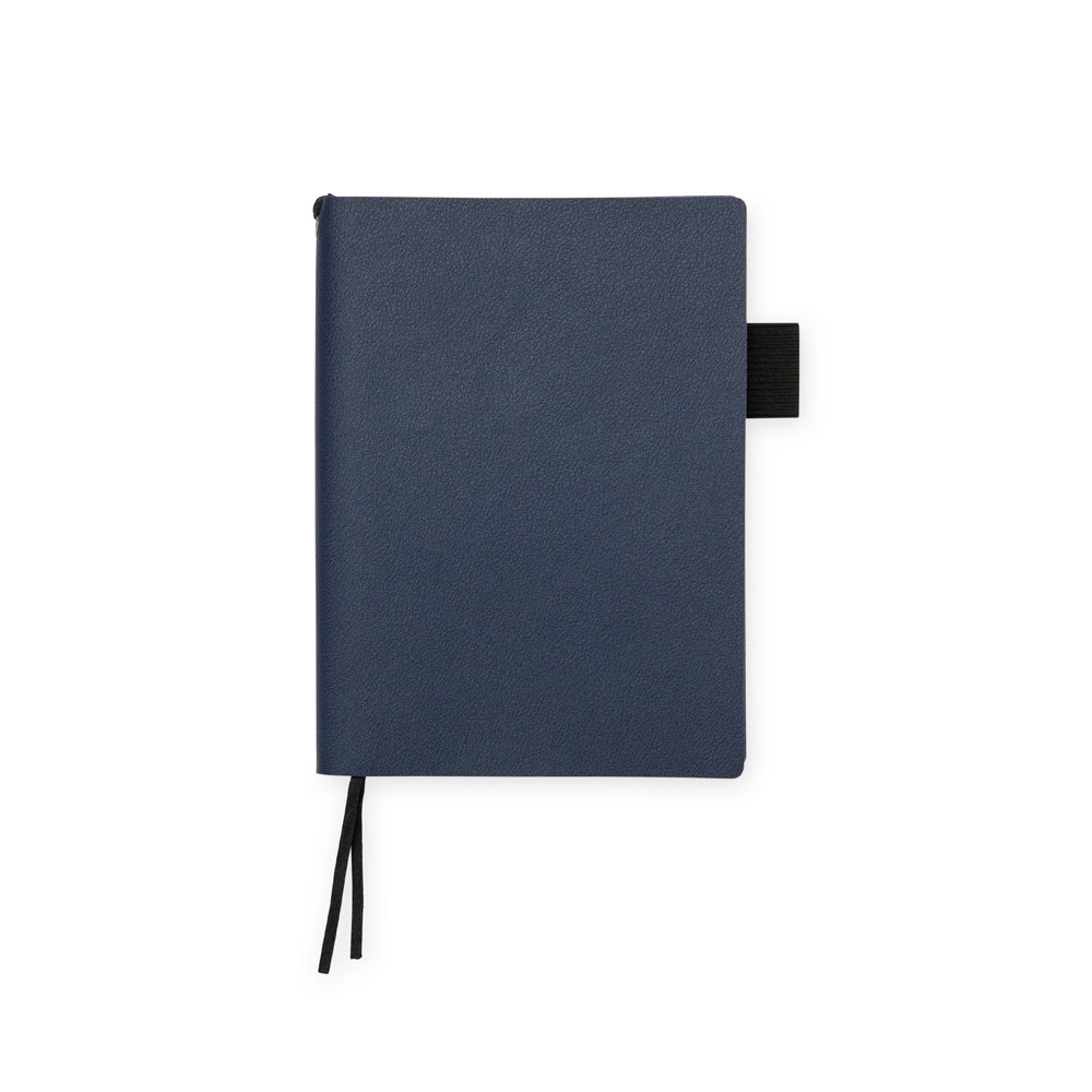 Caderno em couro sintético personalizado com a logo da empresa, na cor azul