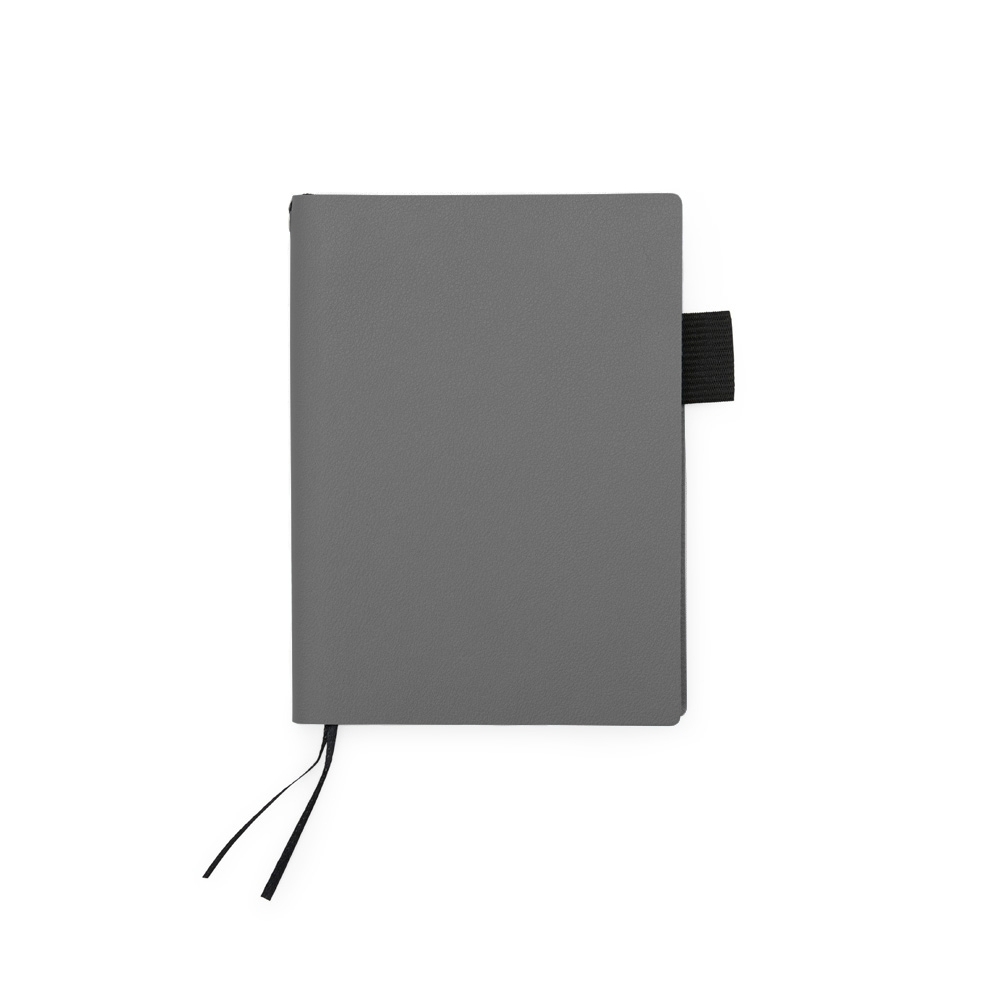 Caderno em couro sintético personalizado com a logo da empresa, na cor cinza / preto