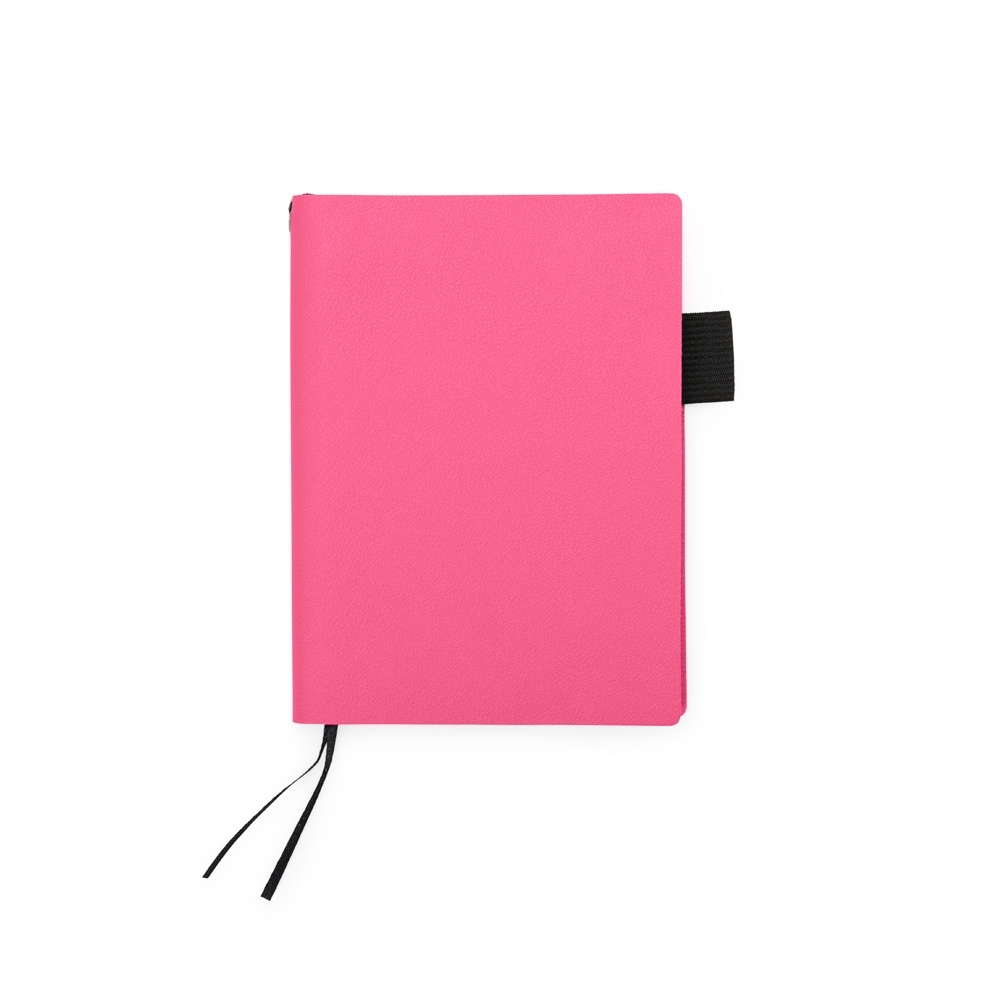 Caderno em couro sintético personalizado com a logo da empresa, na cor rosa escuro / preto