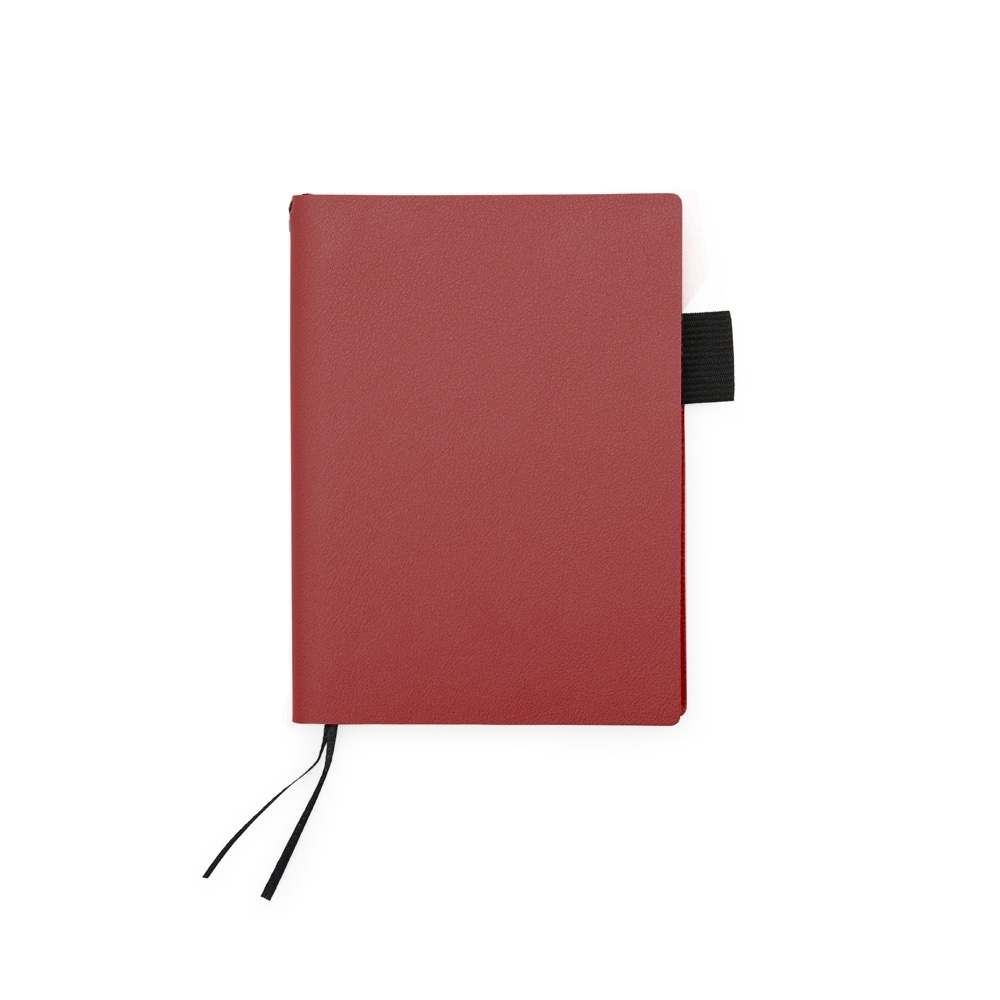 Caderno em couro sintético personalizado com a logo da empresa, na cor vermelho / preto