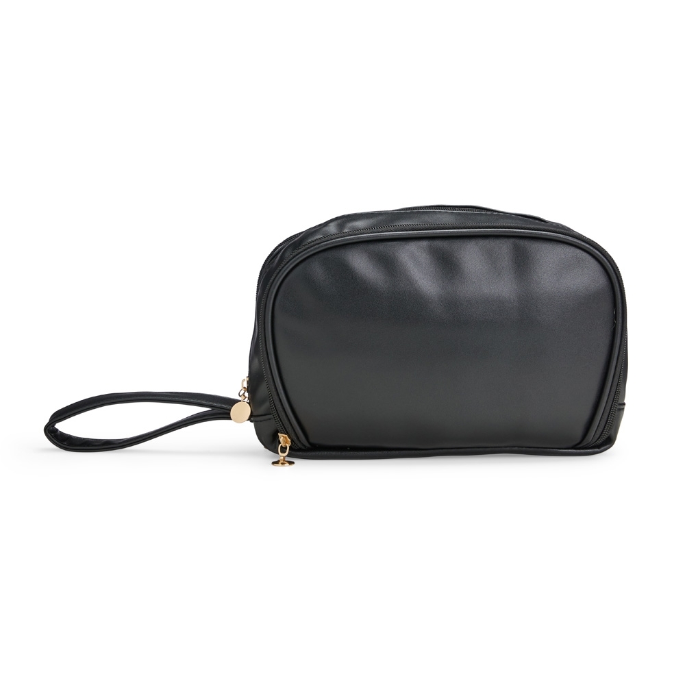 Nécessaire de couro sintético impermeável com 3 compartimentos na cor Preto, personalizada com a logo da empresa