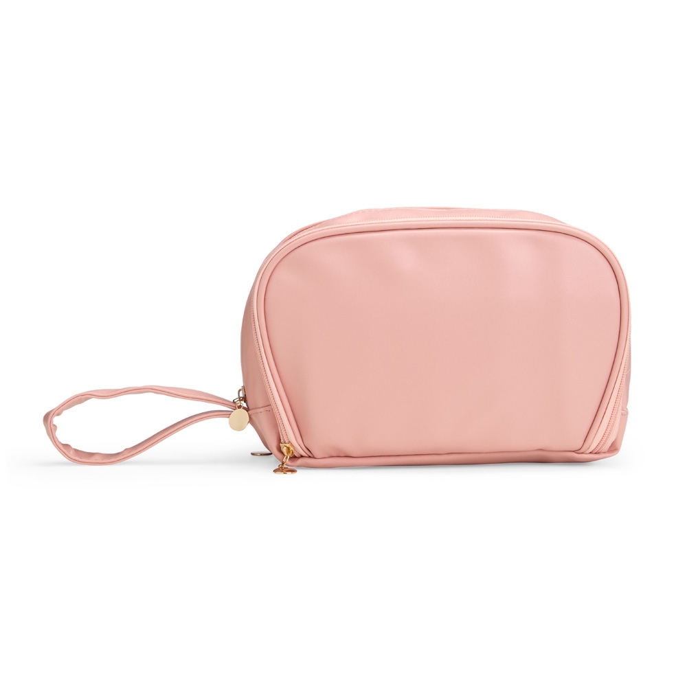 Nécessaire de couro sintético impermeável com 3 compartimentos personalizada com a logo da empresa, na cor rosa