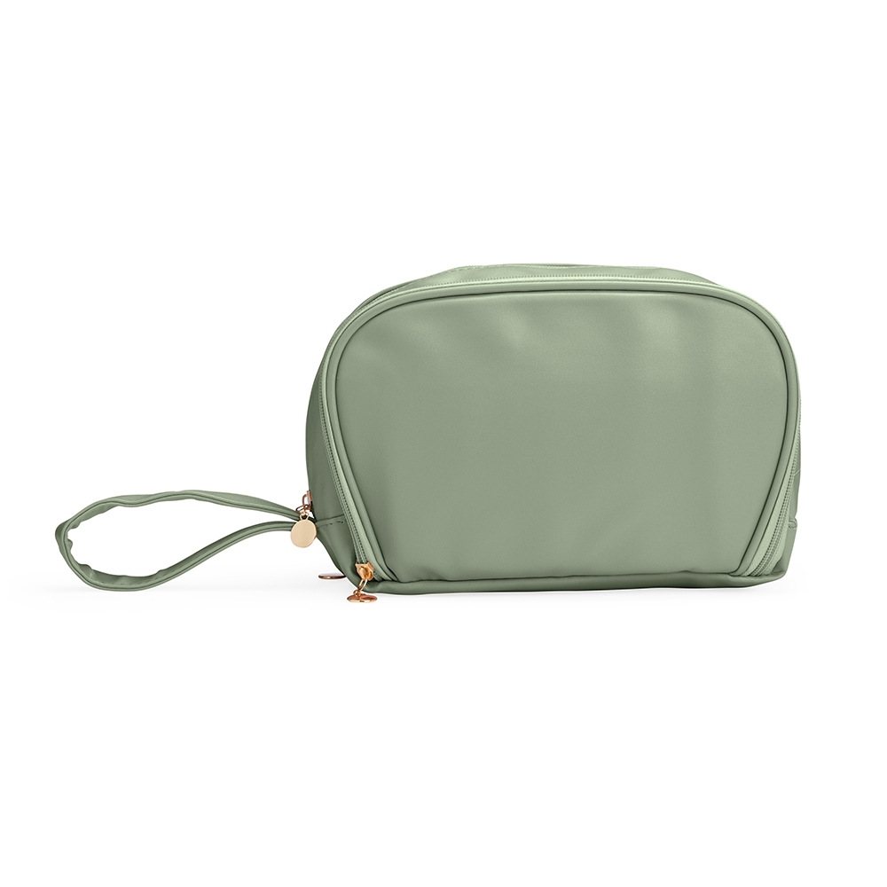 Nécessaire de couro sintético impermeável com 3 compartimentos personalizada com a logo da empresa, na cor verde