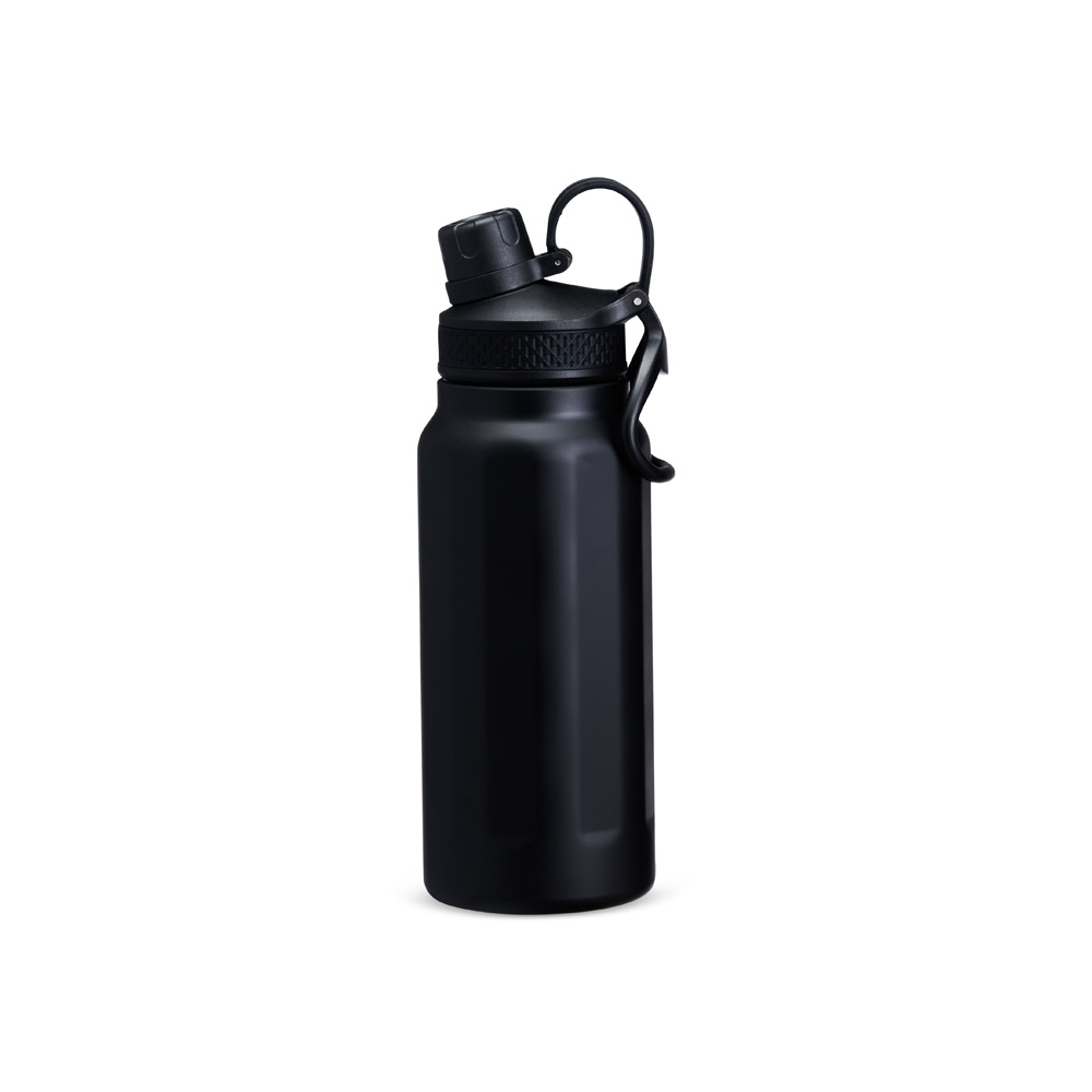 Garrafa térmica de inox com alça 750 ml na cor Preto, personalizada com a logo da empresa