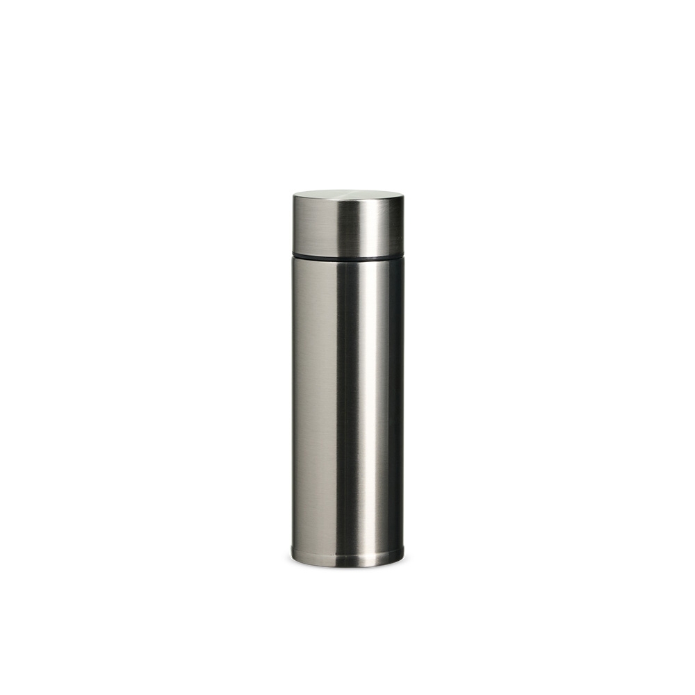 Garrafa térmica inox 320 ml personalizada com a logo da empresa, na cor inox