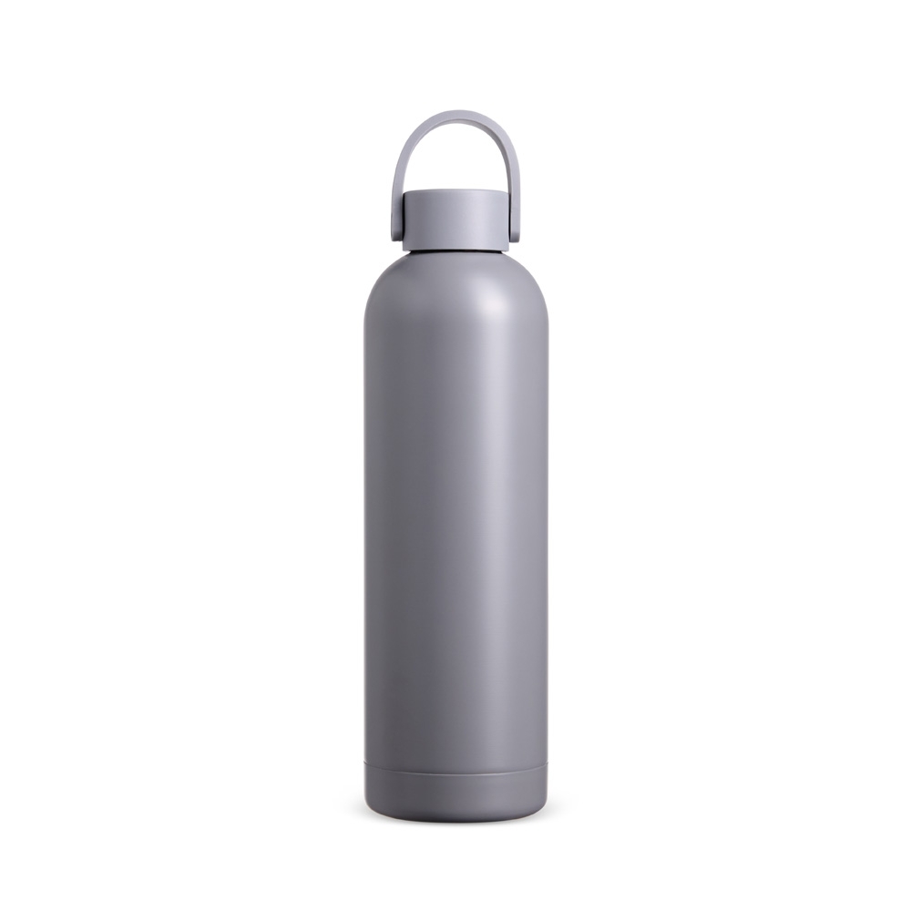Garrafa térmica 750 ml de inox com alça flexível emborrachada personalizada com a logo da empresa, na cor cinza