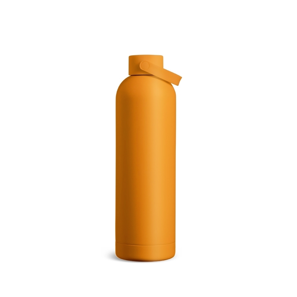 Garrafa térmica 750 ml de inox com alça flexível emborrachada personalizada com a logo da empresa, na cor laranja