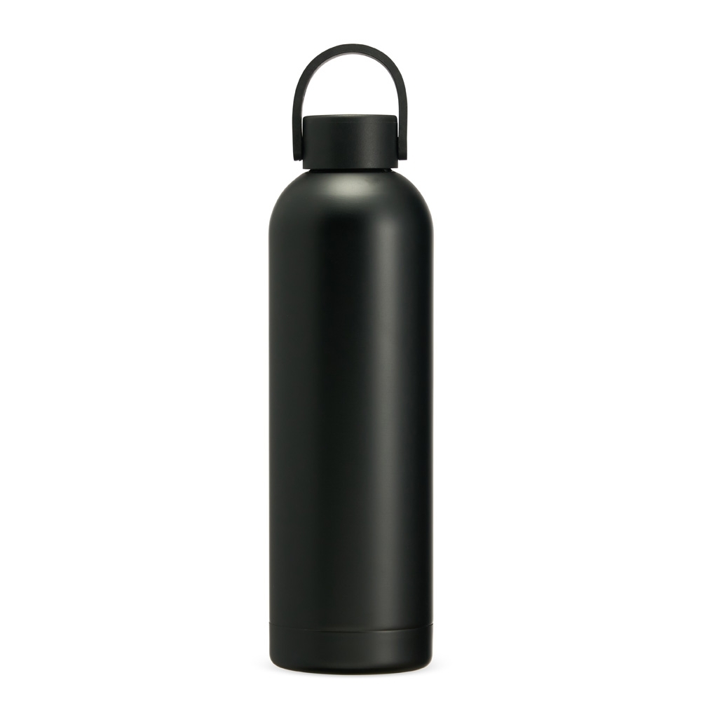 Garrafa térmica 750 ml de inox com alça flexível emborrachada na cor Preto, personalizada com a logo da empresa