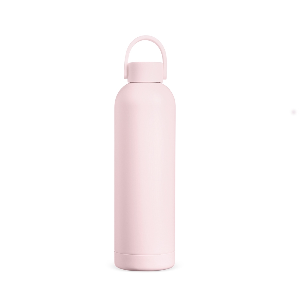 Garrafa térmica 750 ml de inox com alça flexível emborrachada personalizada com a logo da empresa, na cor rosa