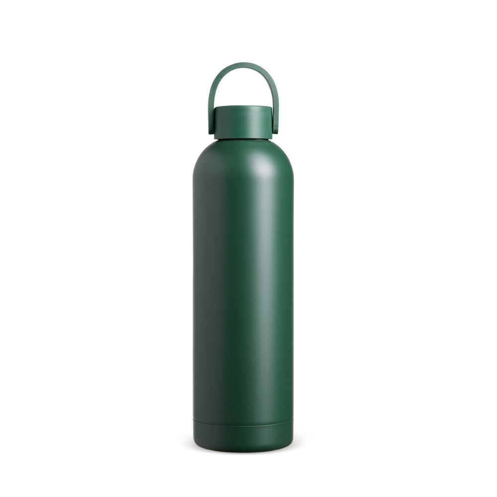 Garrafa térmica 750 ml de inox com alça flexível emborrachada personalizada com a logo da empresa, na cor verde