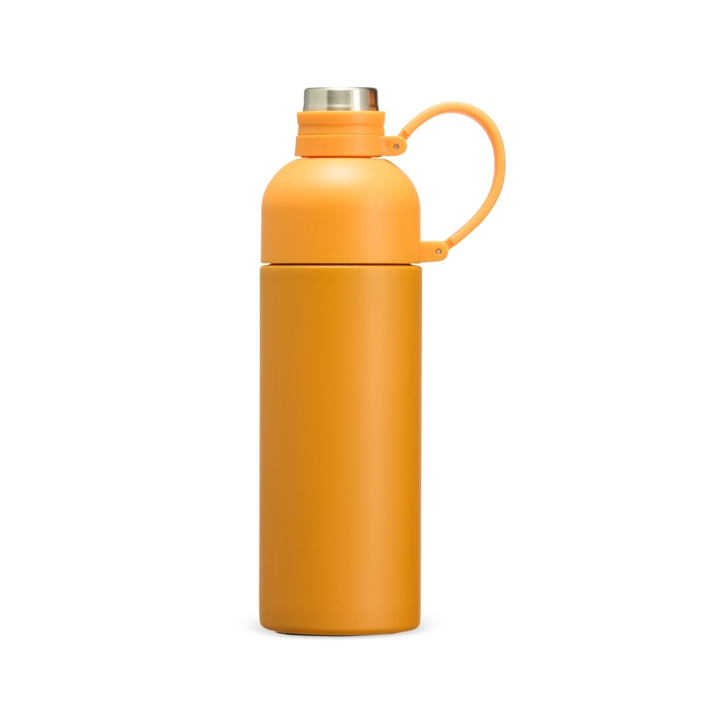 Garrafa térmica 460 ml de inox com alça personalizada com a logo da empresa, na cor laranja