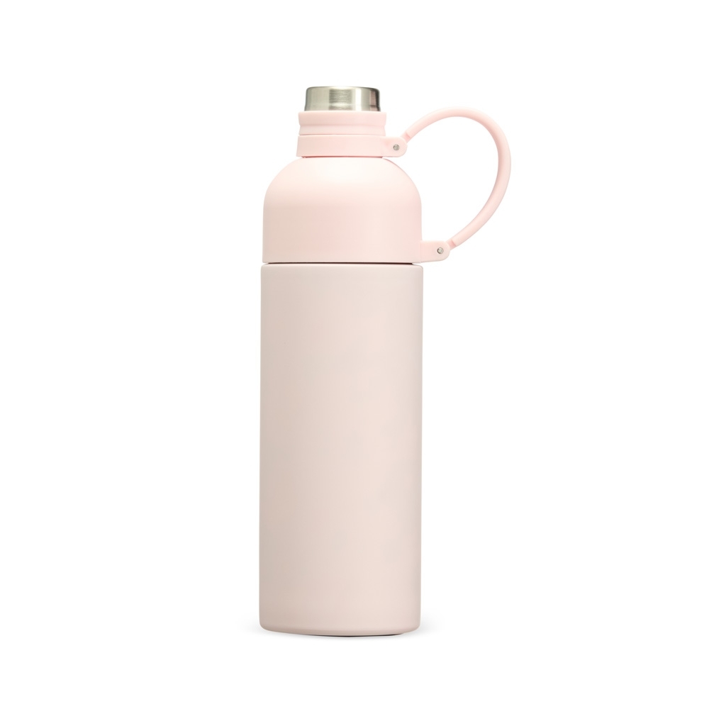 Garrafa térmica 460 ml de inox com alça personalizada com a logo da empresa, na cor rosa