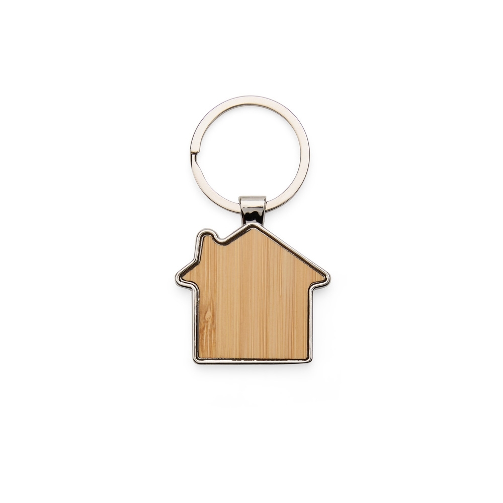Chaveiro de metal em formato de casa com detalhe em bambu na cor Bambu, personalizado com a logo da empresa