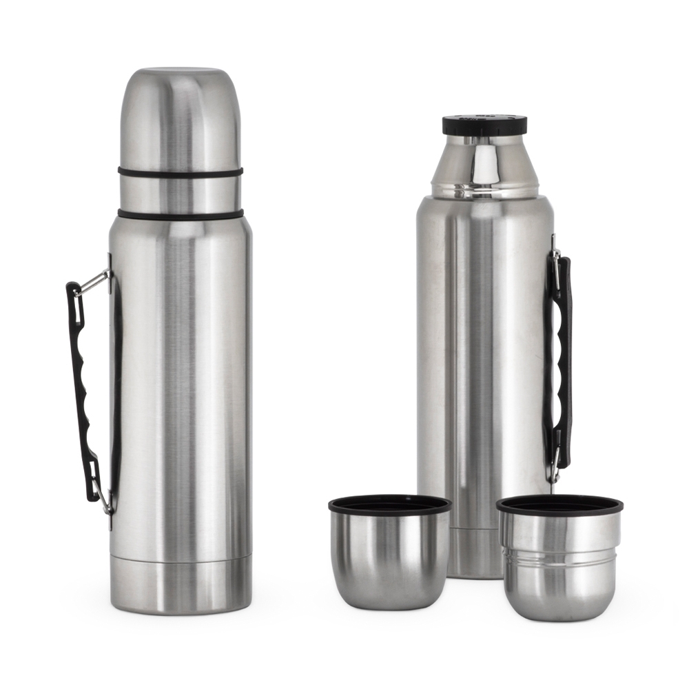 Garrafa térmica 1 litro de inox com 2 canecas e alça personalizada com a logo da empresa