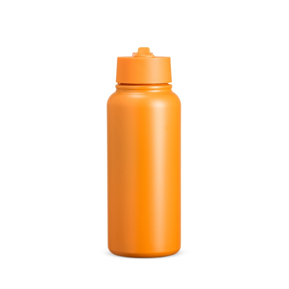 Garrafa térmica 900 ml com canudo e alça personalizada com a logo da empresa, na cor laranja