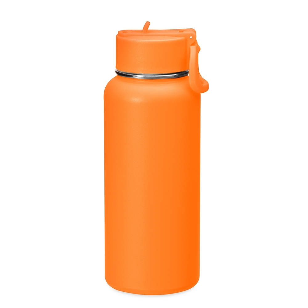 Garrafa térmica 900 ml de inox personalizada com a logo da empresa, na cor laranja