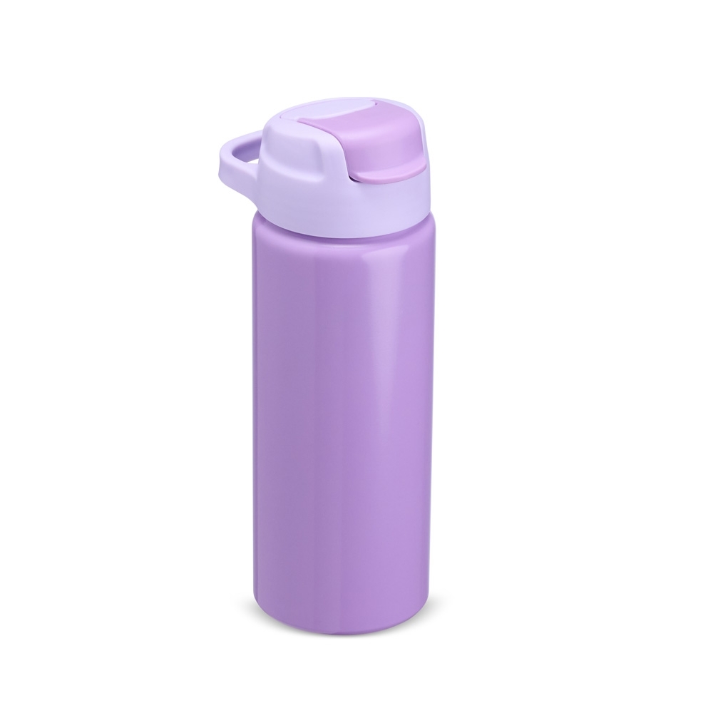 Squeeze de alumínio 600 ml brilhante com canudo e alça personalizado com a logo da empresa, na cor lilás