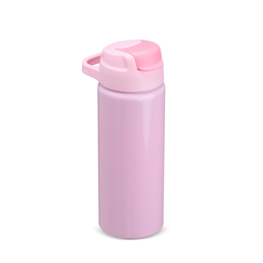 Squeeze de alumínio 600 ml brilhante com canudo e alça personalizado com a logo da empresa, na cor rosa claro