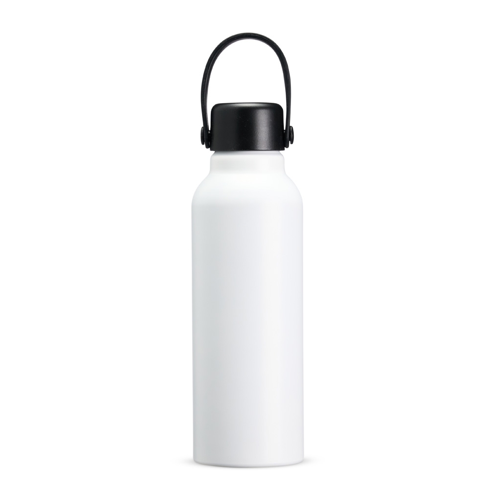 Garrafa de alumínio 800 ml com alça na cor Branco / Preto, personalizada com a logo da empresa