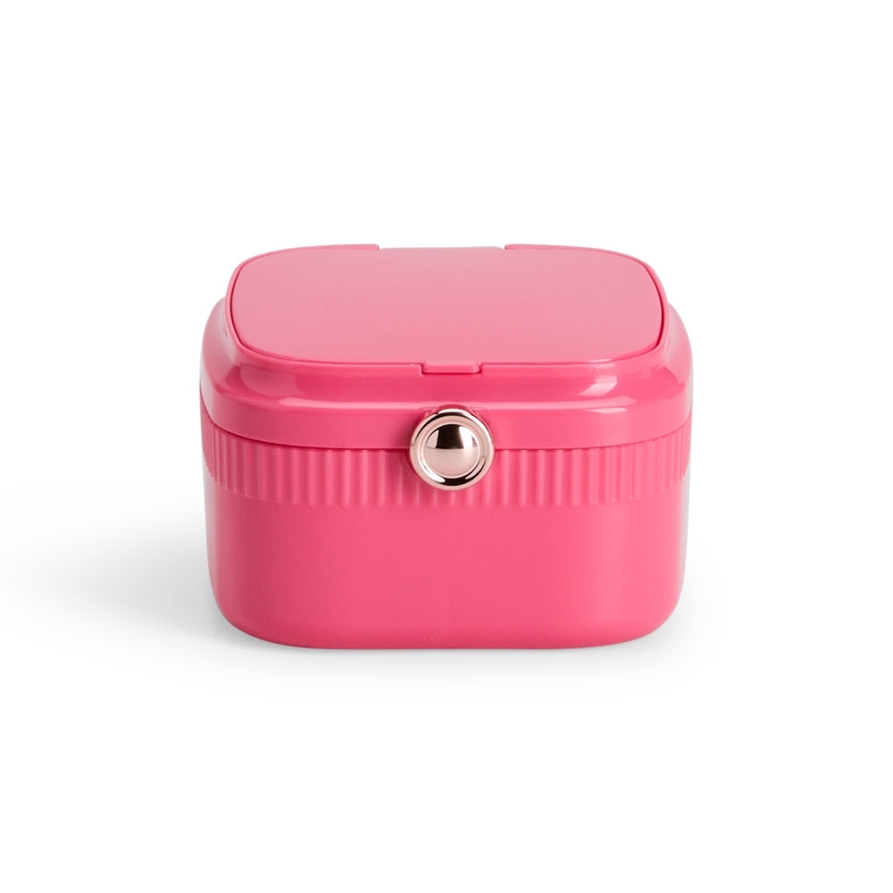Porta-joias de plástico com espelho e três compartimentos personalizado com a logo da empresa, na cor pink