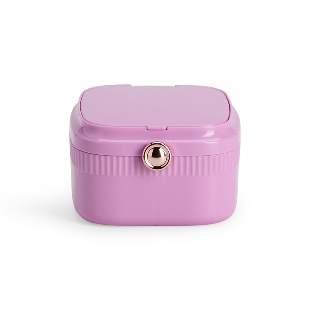 Porta-joias de plástico com espelho e três compartimentos personalizado com a logo da empresa, na cor roxo