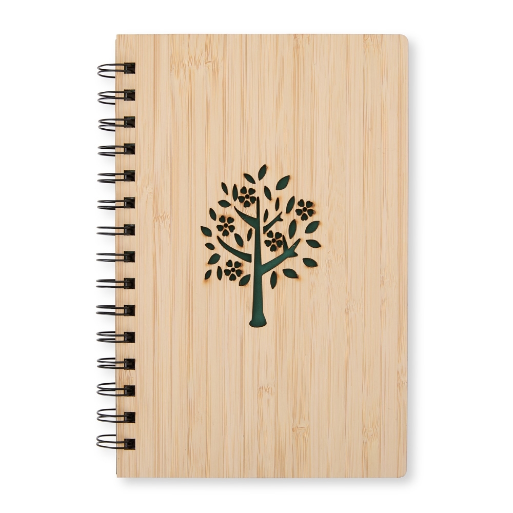 Caderno de bambu pautado com espiral na cor Bambu, personalizado com a logo da empresa
