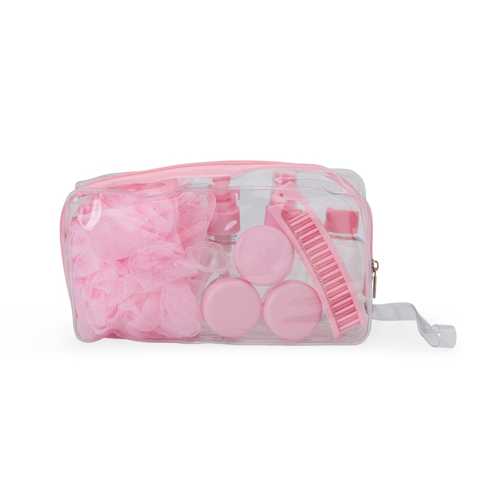 Kit viagem 10 peças personalizado com a logo da empresa, na cor rosa