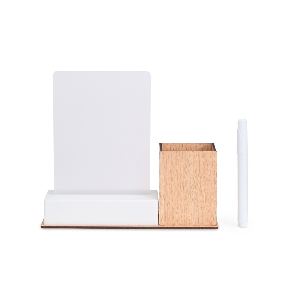 Quadro de mensagens LED com porta-caneta na cor Madeira / Branco, personalizado com a logo da empresa