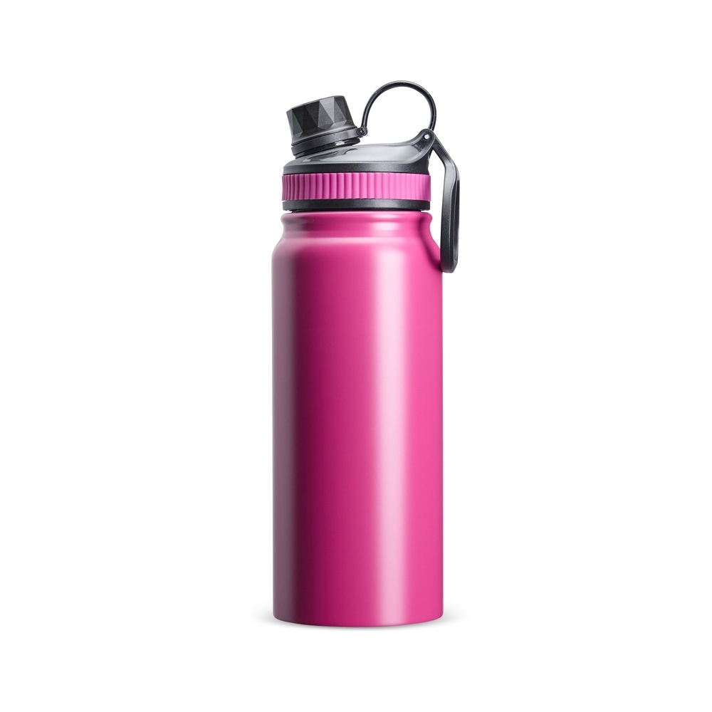Garrafa térmica 650 ml personalizada com a logo da empresa, na cor rosa / preto