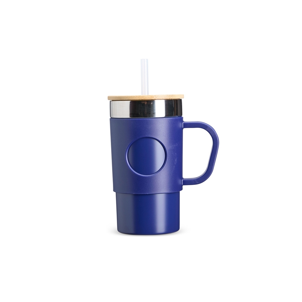 Caneca térmica 400 ml com canudo e tampa de bambu personalizada com a logo da empresa
