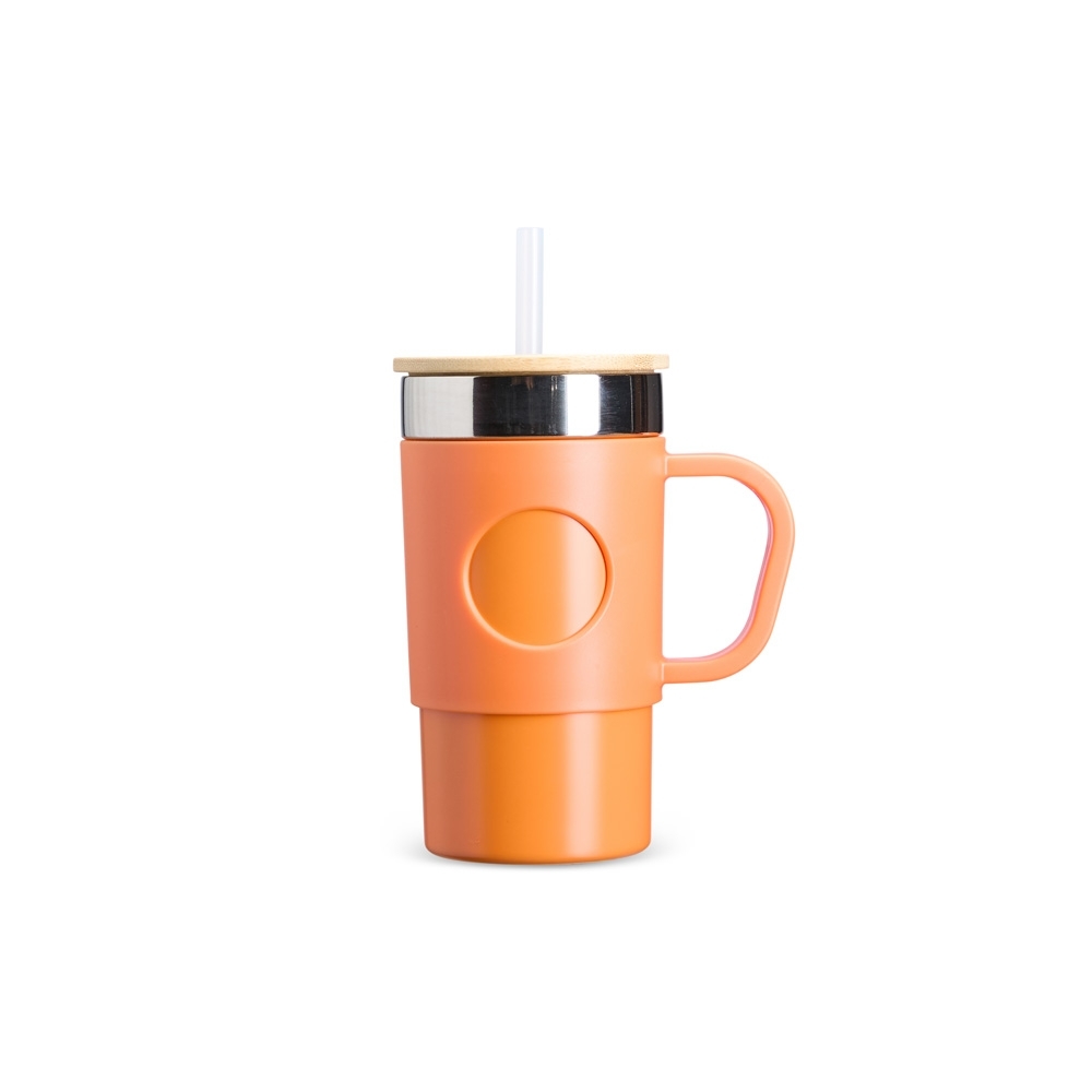 Caneca térmica 400 ml com canudo e tampa de bambu personalizada com a logo da empresa, na cor laranja / inox
