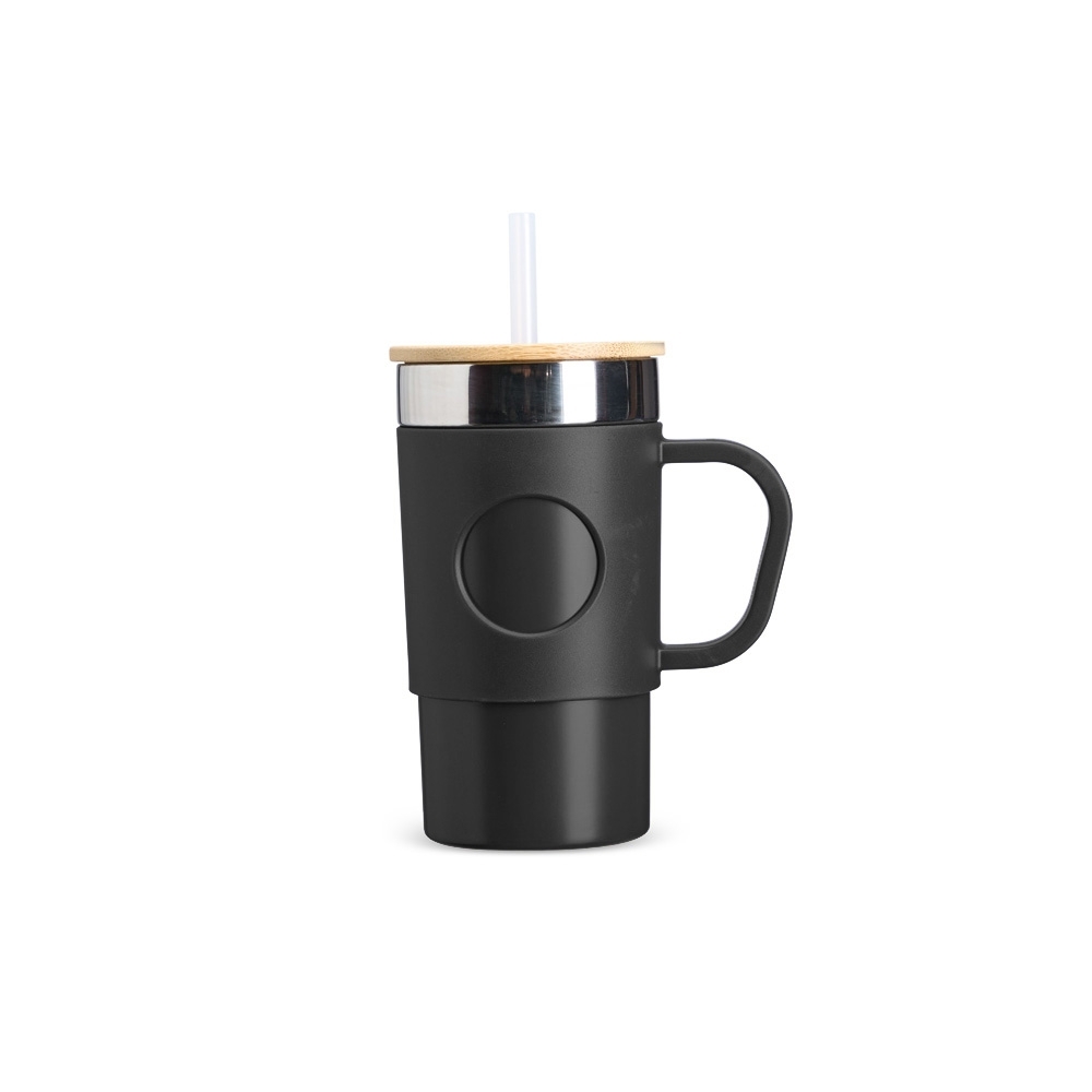 Caneca térmica 400 ml com canudo e tampa de bambu na cor Preto / Inox, personalizada com a logo da empresa