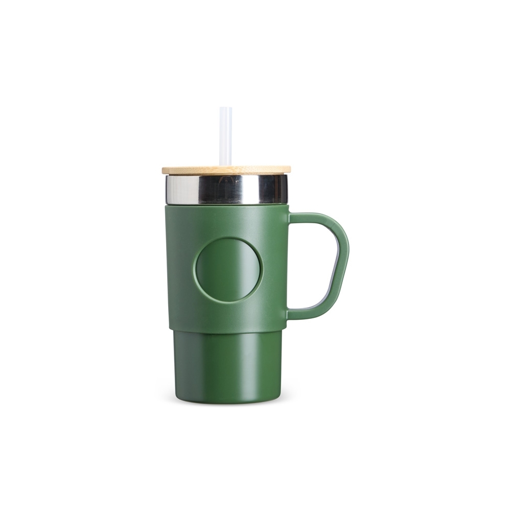 Caneca térmica 400 ml com canudo e tampa de bambu personalizada com a logo da empresa, na cor verde / inox
