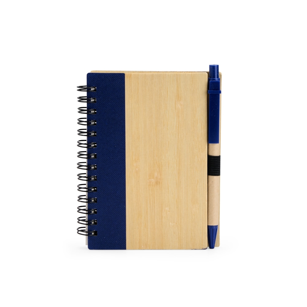 Caderno ecológico com capa de bambu, caneta e espiral personalizado com a logo da empresa