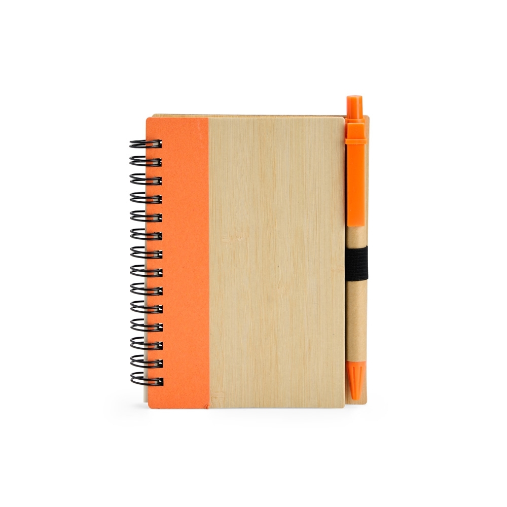 Caderno ecológico com capa de bambu, caneta e espiral na cor Bege / Laranja, personalizado com a logo da empresa