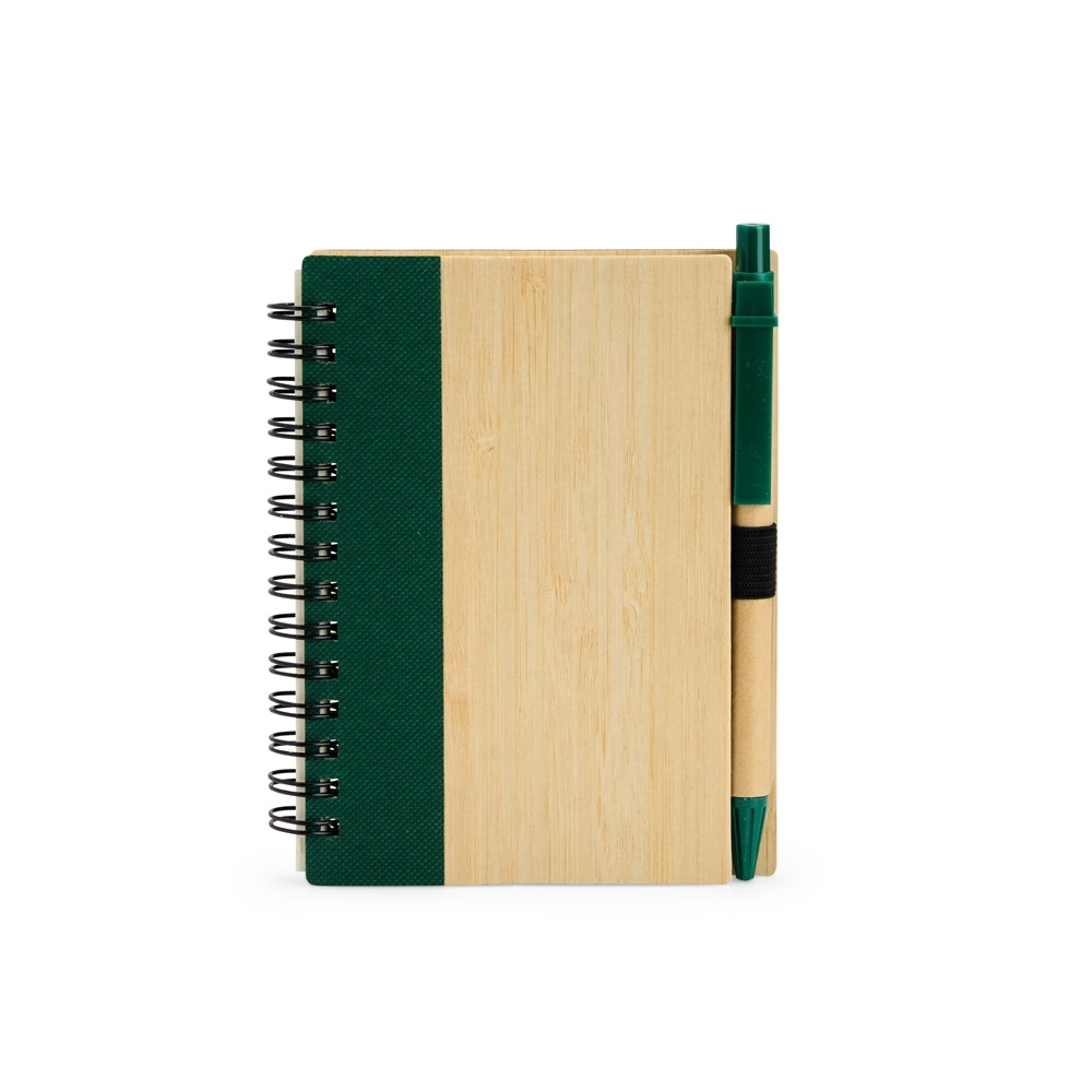 Caderno ecológico com capa de bambu, caneta e espiral personalizado com a logo da empresa, na cor bege / verde