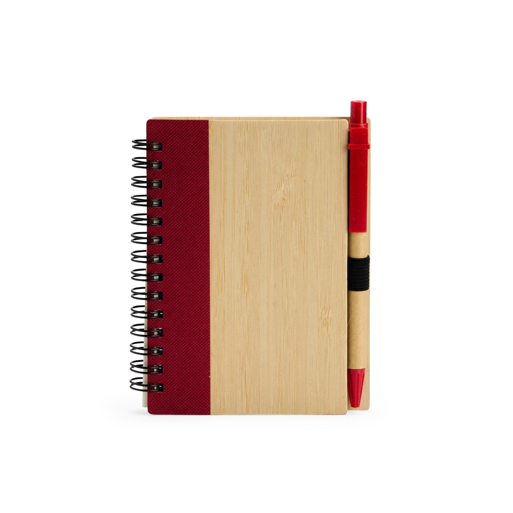 Caderno ecológico com capa de bambu, caneta e espiral