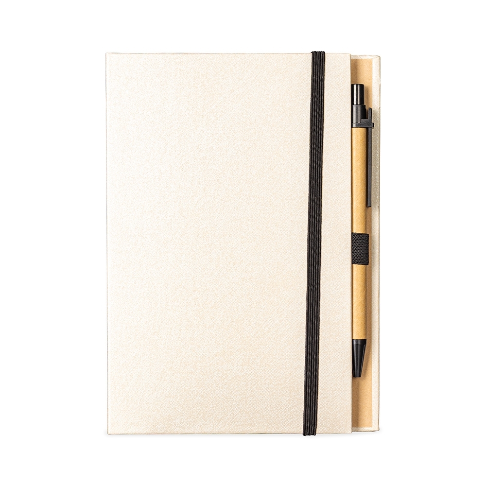 Bloco de anotações com autoadesivos e caneta (18 x 13 cm) personalizado com a logo da empresa, na cor branco