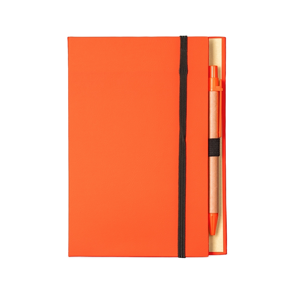Bloco de anotações com autoadesivos e caneta (18 x 13 cm) personalizado com a logo da empresa, na cor laranja