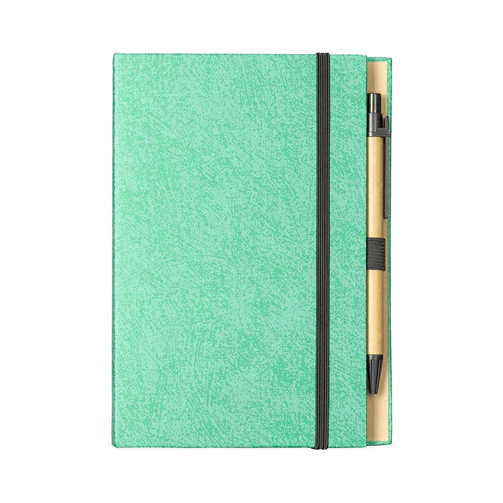 Bloco de anotações com autoadesivos e caneta (18 x 13 cm) personalizado com a logo da empresa, na cor verde