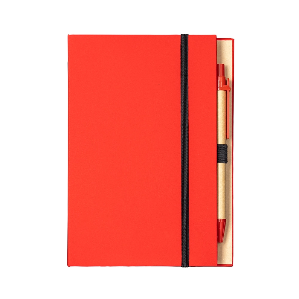 Bloco de anotações com autoadesivos e caneta (18 x 13 cm) personalizado com a logo da empresa, na cor vermelho