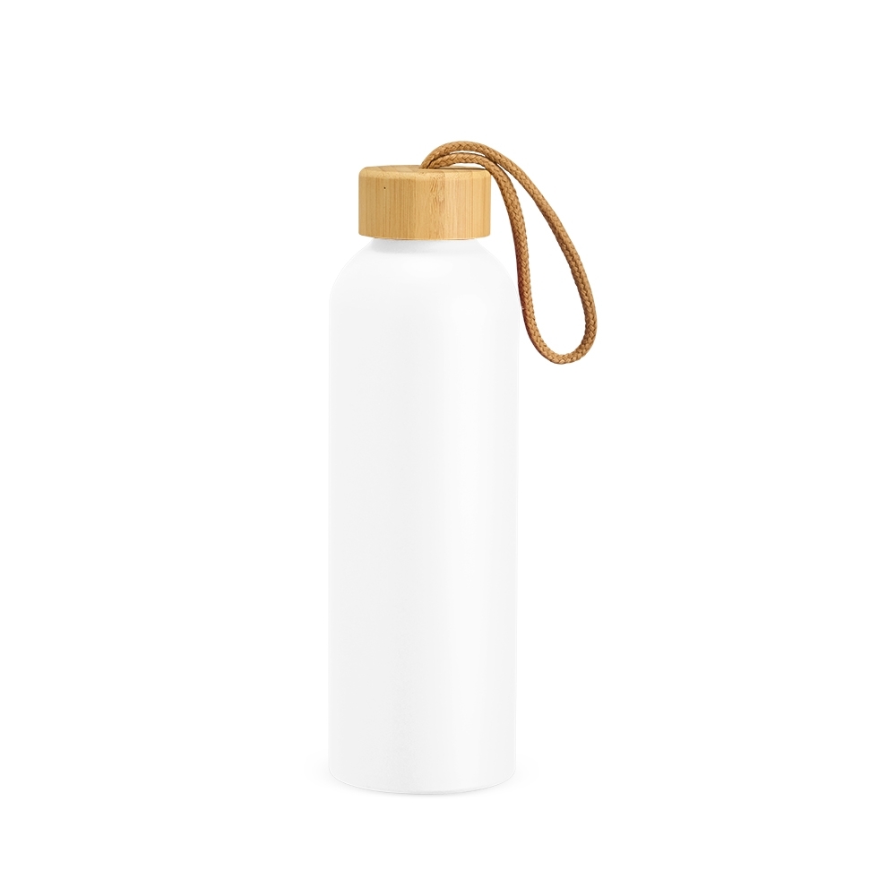 Garrafa de alumínio 800 ml com tampa de bambu e alça na cor Branco / Bambu, personalizada com a logo da empresa