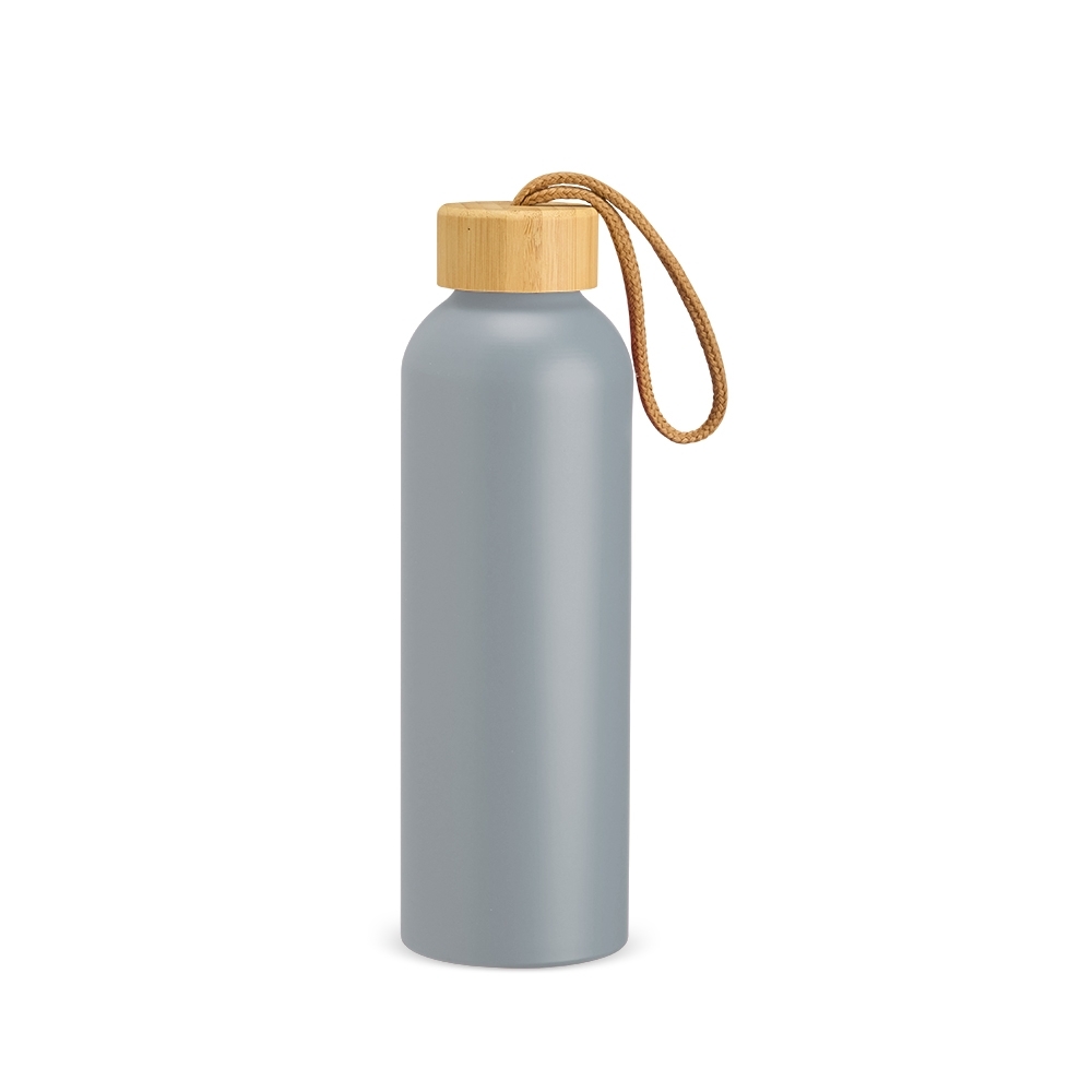 Garrafa de alumínio 800 ml com tampa de bambu e alça personalizada com a logo da empresa, na cor cinza / bambu
