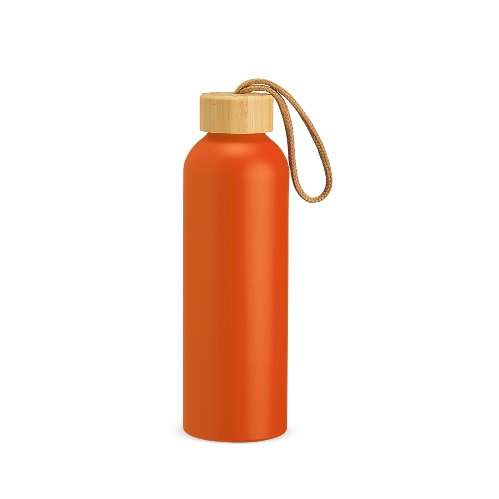 Garrafa de alumínio 800 ml com tampa de bambu e alça personalizada com a logo da empresa, na cor laranja / bambu