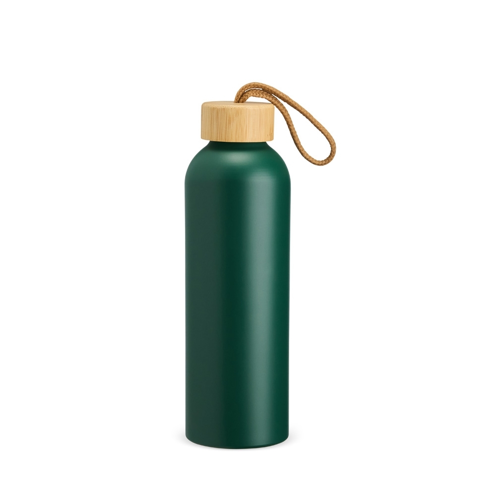Garrafa de alumínio 800 ml com tampa de bambu e alça personalizada com a logo da empresa, na cor verde / madeira