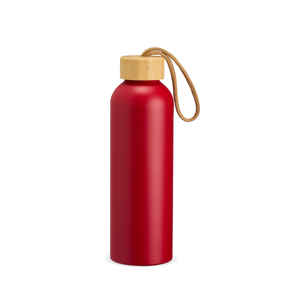 Garrafa de alumínio 800 ml com tampa de bambu e alça personalizada com a logo da empresa, na cor vermelho