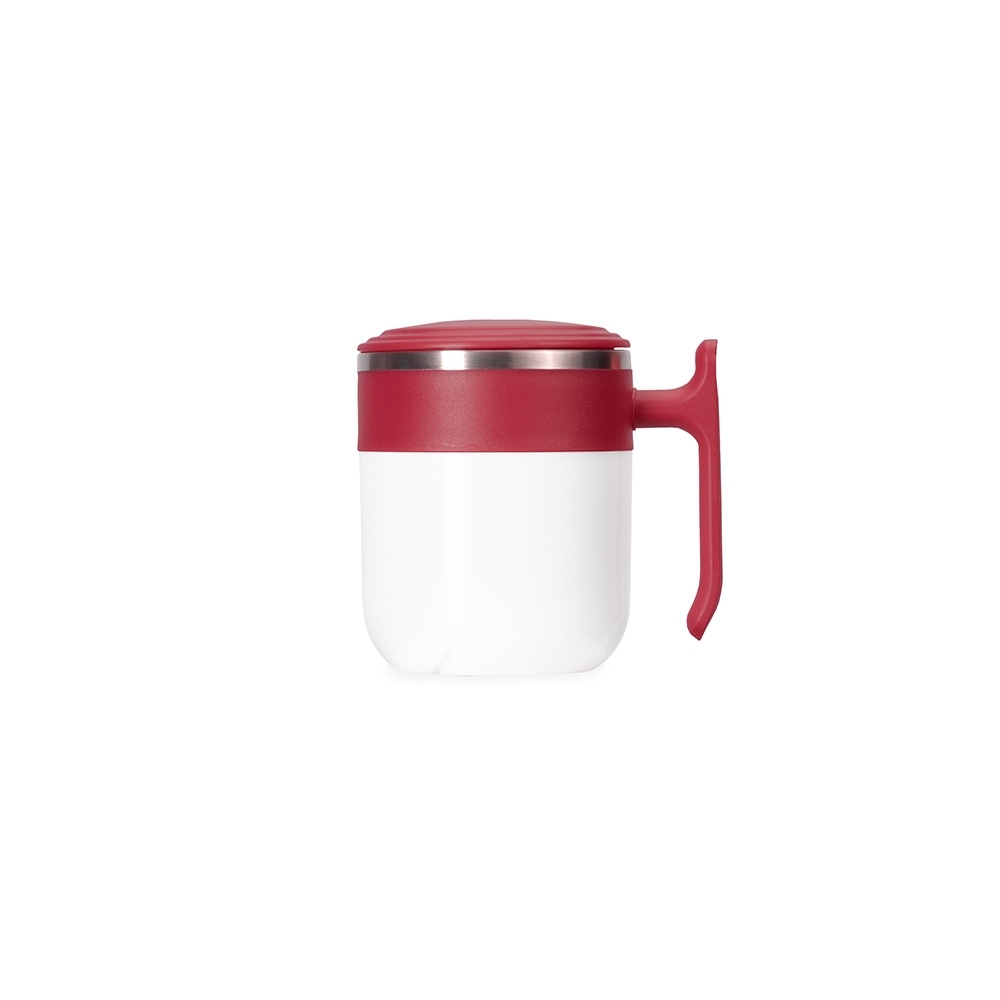 Caneca inox 350 ml com alça personalizada com a logo da empresa, na cor vermelho / branco