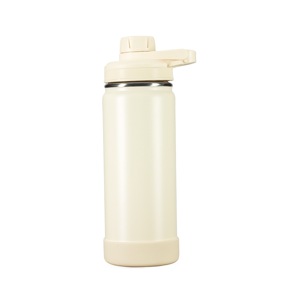 Garrafa térmica 550 ml de inox com protetor de bocal e base removível personalizada com a logo da empresa, na cor creme