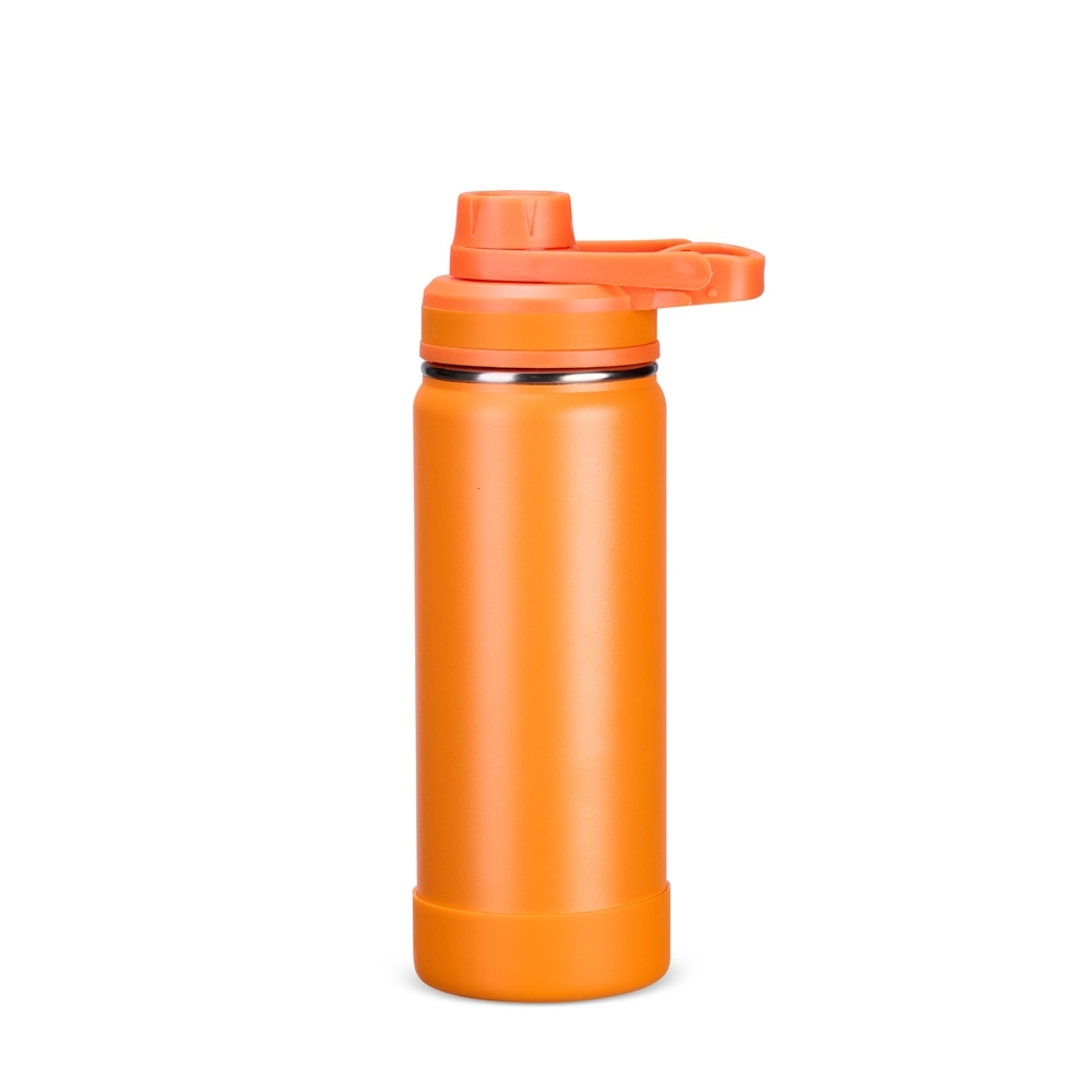 Garrafa térmica 550 ml de inox com protetor de bocal e base removível personalizada com a logo da empresa, na cor laranja